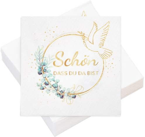 100 Servietten Geburtstag Hochzeit Eukalyptus Schön Dass Du Da Bist Tischdeko, 3-lagig Servietten 33 x 33 cm, für Geburtstag, Hochzeit, Taufe, Kommunion, Konfirmation, Party Tischdeko