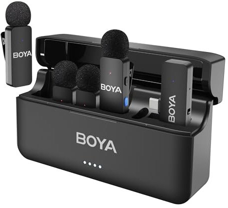 BOYA BY-V4U Microphone Wireless for iPhone 15/16, Android Smartphone, 4-Channel Mono Output, Mini Microphone, Wireless Lavalier Mic Type-C, Noise Cancelling, 360° Clip Lapel Mic for Video Recroding
