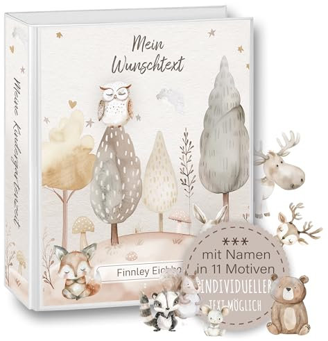Kindergarten Ordner personalisiert Namen Wunschtext Wildlife Bär Elch Ente Eule Fuchs Hase Waschbär A4 - Meine Kindergartenzeit Kindergartenordner Portfolioordner Sammelordner Junge Mädchen