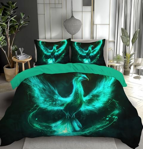 MULERN 200x200cm Bettwäsche Microfaser, Flash Phoenix Bettwäsche Set mit Reißverschluss und Eckbändern, Bügelfreie Bettbezug Sets, Fantasy Kunst Bettbezug mit 2 Kissenbezügen 80x80 cm