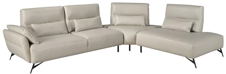 ANGEL CERDÁ – Ecksofa mit Chaise Longue Rechts für 5 Personen – Modernes Design – 341 x 254 x 94 cm – Massivholzstruktur mit Zusatzkissen und Beinen aus schwarzem Edelstahl – Farbe: Sandfarbenes Leder