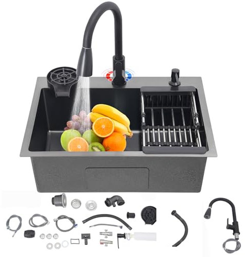 Lavello in acciaio inox, 60 x 45 cm, nero con rubinetto estraibile e lavastoviglie per tazze, 1 vasca, lavello da incasso, con tubo di scarico, dispenser per sapone, cestello