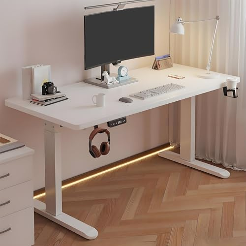 SaryEdge Höhenverstellbarer Stehschreibtisch mit 3 Speichervoreinstellungen – Gaming-Schreibtisch für das Home-Office mit Kopfhörerhaken und Getränkehalter(Weiß - 120 x 70 cm