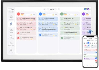 YUEHISY 15.6 Interaktiver Familienkalender, HD -Touchscreen Digital Planer mit Foto -Video -Display, Walleskischungsmontage, Multi -Geräte -Synchronisierung, App -Steuerung (schwarzer Rahmen)