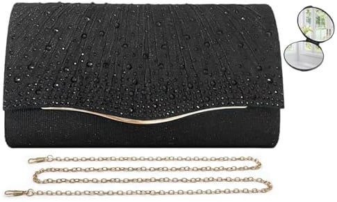 HKYUECHI Clutch schwarze Damen, niedliche Handtasche schwarze kleine Abendtasche mit Kette, Handtaschen für Frauen, Glitter Crossbody Schultertasche Clutches für Party, Hochzeit, Cocktail