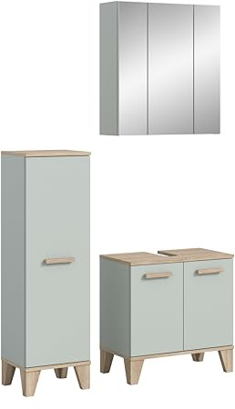 xonox.home – 3 TLG. Badkombination Star 109x190x34 cm Hellgrün und Eiche hell Nachbildung – Hochwertiges Design für Ihr modernes Badezimmer – Funktional und Platzsparend