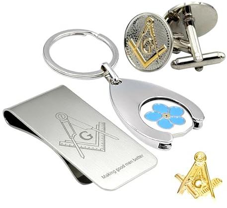 THE MASONIC COLLECTION Quadratisches und Kompass-Geschenkset – inklusive Manschettenknöpfe, Schlüsselanhänger, Anstecknadel und Geldklammer – personalisiertes Geschenk für Männer, Einheitsgröße