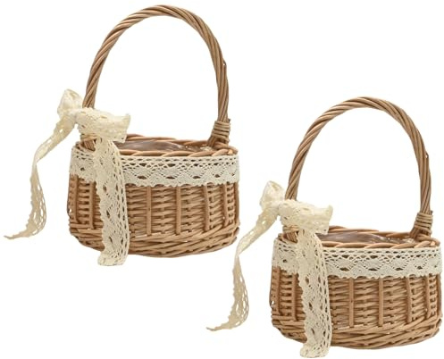 Hoypeyfiy Pack von 2 rustikalen Blumen Körben, Mini-Weiden Körben für Blumenmädchen, handgewebte Rattan Körbe mit Griff für Hochzeitsdekoration