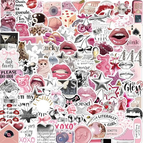Y2K Sticker für Mädchen - 100 Sticker Set, Einzigartige Pink Ästhetische Sticker, Wasserdichte Vinyl Aufkleber für Trinkflasche, Laptop, Scrapbook, Retro Pop Kultur, Y2K Party Deko & Geschenk