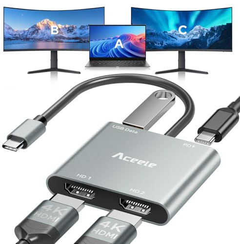 Aceele USB C to Dual HDMI Adapter 4K@60Hz, 4-in-1 Type-C Multiport Adapter