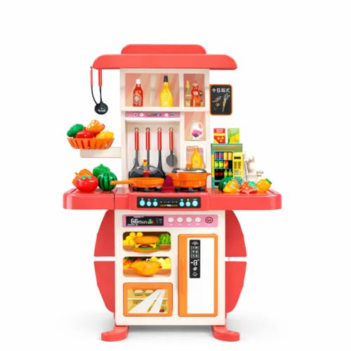 Cocina infantil juguete 43 piezas con agua, luces y sonidos, mini cocina interactiva con horno, fregadero y accesorios, a partir de 3 años, rojo