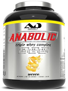 Addict sport nutrition - Tri whey 80% Anabolic triple whey - Protéine de lactosérum concentrée, isolée et hydrolysée - Protéine pure - BCAA - Croissance musculaire et récupération - 2kg - Banane