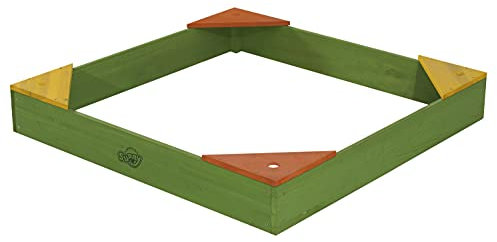 SUNNY Sandkasten Daisy aus FSC Holz mit Abdeckplane | Sand Kasten mit Abdeckung für Kinder mit Sitzecken in Grün | 90 x 90 cm