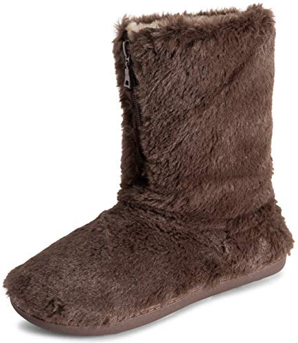 Polar Women’s Faux Fur Indoor Outdoor Boot Slippers - Memory Foam Lined House Shoes with Zip Closure, Plush Warm Lining & Non-Slip Rubber Sole - Cosy Winter Comfort Footwear - Brown - UK8/EU41