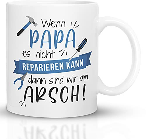 Tasse Wenn Papa es nicht Reparieren kann | Lustiger Kaffeebecher für Männer & Väter | Geschenk für Papa zum Geburtstag, Vatertag oder Weihnachten | Spruchtasse, 330 ml, Farbe: Weiß-Blau