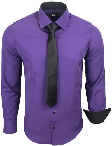 Subliminal Mode - Chemise Homme Manches Longues Col Bicolore Uni + Cravate Noir Chemise Coupe Ajusté Business Repassage Facile RN77 Violet S