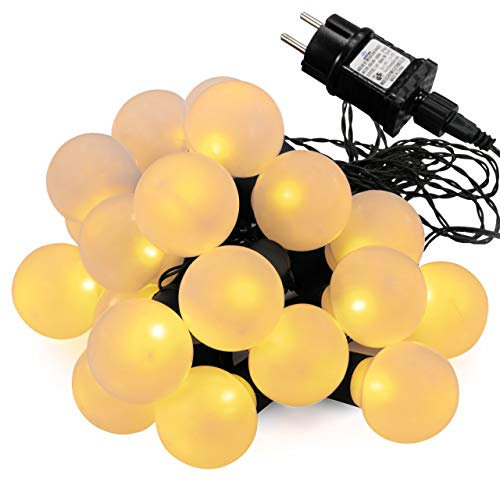 Nipach GmbH LED Partylichterkette Partybeleuchtung Lichterkette Weihnachten Hochzeit – 20 Leuchtkugeln Trafo grünes Kabel – innen & außen – warm-weiß
