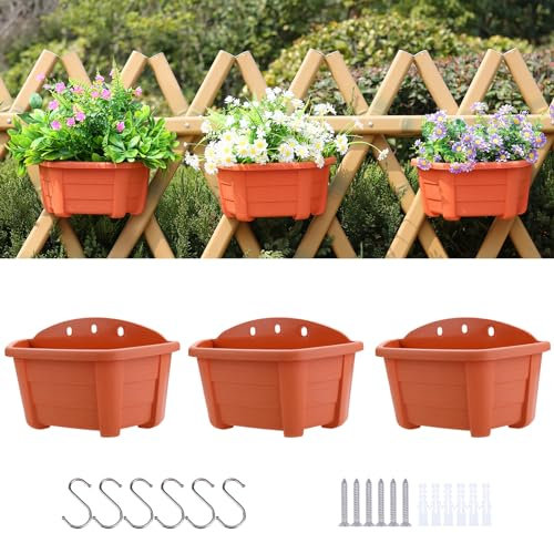 Lot de 3 Pots muraux en Plastique à Suspendre pour Balcon, clôture, Jardin, extérieur et intérieur (Couleur Rouge Terre Cuite) 25 cm