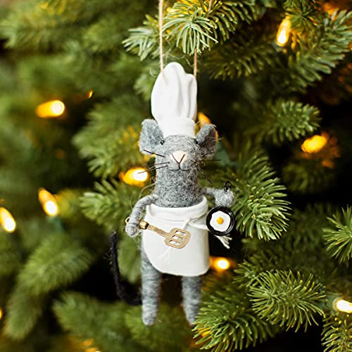 Sass & Belle Décoration en feutrine de chef souris, ornement de Noël, en feutre gris et blanc