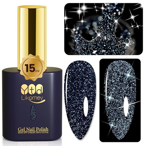 YTD Likomey Reflective Glitter Gel Polish,15ml Black Flash Diamond Shimmer Nails Gel,Dark Blue Tone Black Sparkly Shiny Salon Home Nail Art Manicure,SZ010