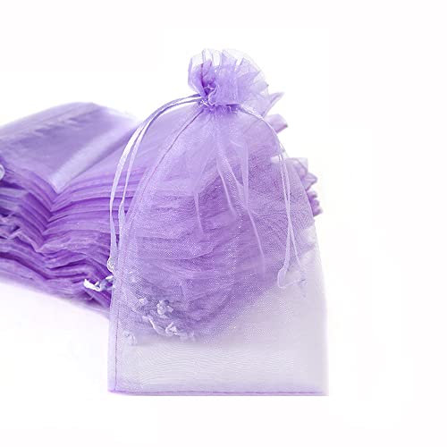 100 Sacchetti in organza da riempire, con cordoncino, per festival, feste, matrimoni, bomboniere, gioielli, lavanda, idea regalo, 9 x 12 cm, lilla chiaro