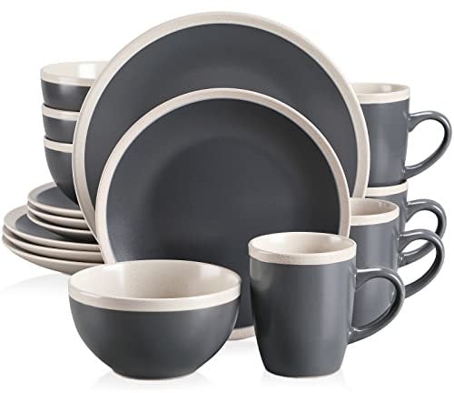 vancasso SEESAMI Stoneware Dinner Set- Matte Sesame Glaze Crockery - 16 Pieces Dinnerware Tableware Service Set for 4, Include Dinner Plate, Dessert Plate, Cereal Bowl and Mug. Dark Grey