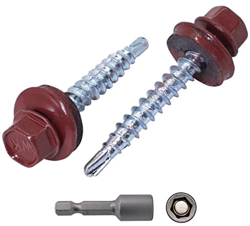 SKIR'CO Lot de 140 vis de toiture en métal, 4,8 x 35 mm, peintes auto-perceuses avec rondelles EPDM, vis hexagonale en tôle (140, rouge oxyde RAL 3009)