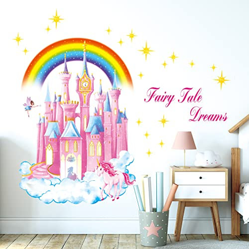DECOWALL SG-2207 Regenbogen-Schloss-Wandaufkleber, Kinder-Wandtattoo, Kinderzimmer-Dekoration abziehen und aufkleben abnehmbar Wolke fee Babystern bunt Baby Mädchen party