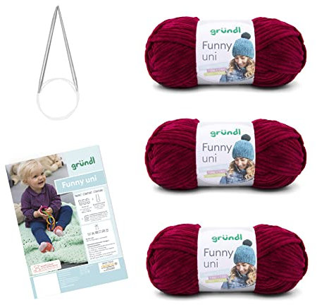 Gründl Wolle Funny uni - weiche Chenille Wolle mit Nadel und Anleitung für eine Babydecke - Kuschelig und hautfreundlich - 100% Polyester - 3 Knäuel 100 g / 120 m - Nadelstärke 5-6, bordeaux