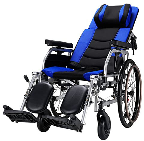 Bueuwe Pflegerollstuhl mit Liegefunktion, Rollstuhl Faltbar Leicht Aktivrollstuhl, Reiserollstuhl, Multifunktional Rollstuhl für die Wohnung und Unterwegs, Einstellbar, Leichtgewicht, 46cm Sitzbreite