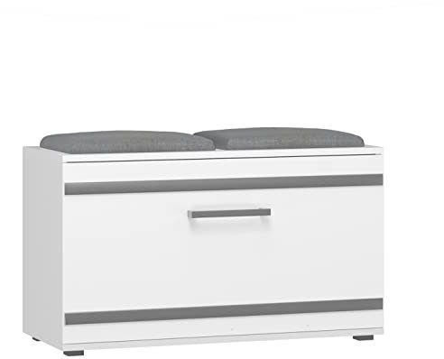 CDF Schuhschrank Opal | Farbe: weiß | Ideal für Diele, Flur, Büro | Schuhaufbewahrung | bequemer Sitz | 4 Schuhregale | modern | Flügeltür