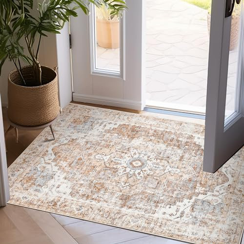 TOPICK Door mat Washable 60x90cm Brick Red Entryway Doormat Indoor Vintage Chenille Print Thin Small Rug Lightweight Non Slip Carpet for Kitchen Bathroom