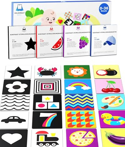 HELDENGUT Baby Kontrastkarten Set 80 STK - Montessori-inspiriertes Sensorik Spielzeug Schwarz Weiß Lernkarten 0-36 Monate