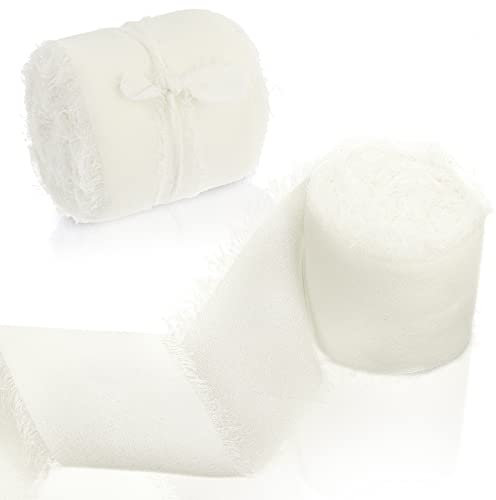 cobee Chiffon Bänder, 2 Rollen, 3,8 cm x 5,5 m, handgefertigt Fransen Chiffon Seidenbänder ausgefranste Kanten Stoff Boho Band für Geschenkverpackung, Hochzeitseinladungen Blumenarrangement (weiß)