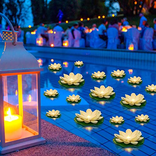Liliful 36 Stück schwimmende Lotus-Laternen, künstliche Lilien-Pads mit LED-Lichtern, batteriebetrieben für Pool, Party, Garten und Teich, Sommerdekoration (9,5 cm, 15 cm, Weiß)
