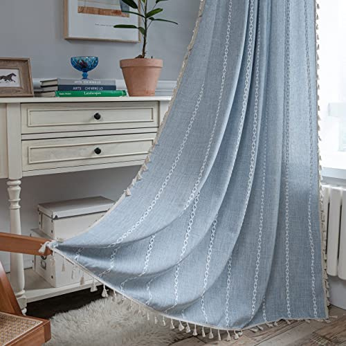 Sutuo Home Boho-Vorhänge für Schlafzimmer, Esszimmer, lichtfilternd, Bauernhaus, Vintage-Chic, Quasten, Fensterbehandlung, Bohemian-Stickerei, Vorhang, Stangentasche, 1 Paneel (B x L), Blau