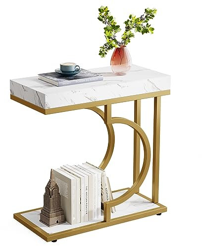 Tribesigns Narrow Side Table C Shaped End Table Modern Small Bedside Tables for Couch, Living Room (White+Gold)