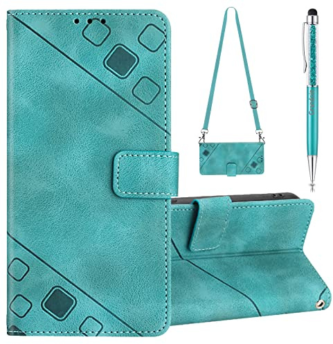 Grandoin Kompatibel mit Nokia G22 Hülle mit Band, Handykette Handyhülle mit Band Lederhülle Klappbar Flip Case Tasche Magnet Kartenfach Handyband zum Umhängen Schutzhülle mit Kette (Grün)