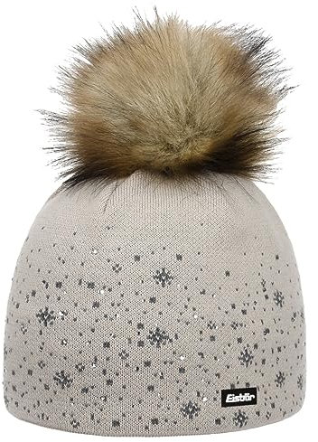 Eisbär Mütze Damen Rana Lux Crystal Pink - Merino Wintermütze für Frauen - mit Fleece schützt vor Kälte und Wind - Bommelmütze mit Kunstfell Strickmütze mit Pompon Swarovski Kristalle Haube