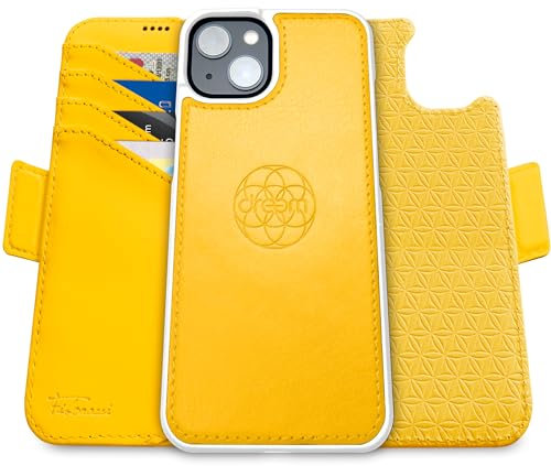 dreem Fibonacci compatibile con iPhone 15 Plus custodia a portafoglio/custodia antiurto 2 in 1 e folio in pelle vegana staccabile, compatibile con MagSafe, protezione RFID [Giallo]