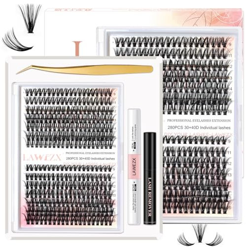 LAWEZX Kit de Extensión de Pestañas Postizas Individuales DIY con 280 PCS 0.07mm D Curl 9-16mm Pestañas Pelo a Pelo Unión y Sello de Pestañas y Removedor de Pegamento de Pestañas y Pinzas (30+40D)