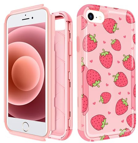 Pegmode iPhone SE/8/7 Case, Heavy Duty Protective Strawberry Cute Phone Cover for Women Men Girls Boys, Pink, Plastic, Fruits Pattern, Rugged/Protective, Heavy Duty Protection