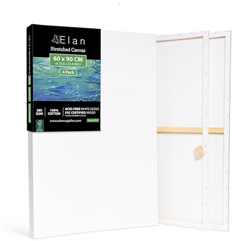 Elan Keilrahmen Leinwand 60x90 4er Set, 100% Baumwolle Leinwand zum Bemalen Groß, Leinwände für Acrylfarben 280GSM, Leinwände Groß, Keilrahmen 60x90