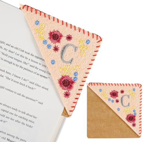 Handbestickte personalisierte Filz-Lesezeichen, dreieckige Buchstaben-Lesezeichen, niedliche Blumen-Buchstaben-Stickerei für Buchliebhaber (Damen, Herren, Kinder) (C)