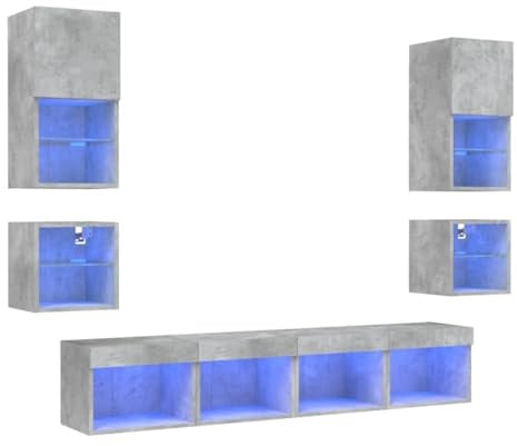 vidaXL 8-TLG. Wohnwand mit LED-Beleuchtung Betongrau Holzwerkstoff
