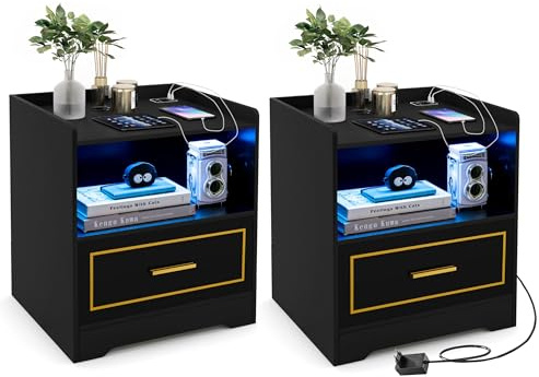 GIANTEX Nachttisch mit LED Licht 3 Farben Beleuchtung, Beistelltisch 2er Set Sofatisch Kaffeetisch mit Bewegungssensor, Nachtschrank mit USB-Anschluss & Typ-C-Ladestation, Nachtkommode Nachtkonsole