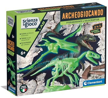 Clementoni Scienza e Gioco Lab - Archeogiocando Pteranodonte e Velociraptor 2 in 1, Gioco Scientifico Bambini 6+ Anni, Fossili Dinosauri Fluo da Assemblare, Made in Italy, Lingua Italiana, 19375