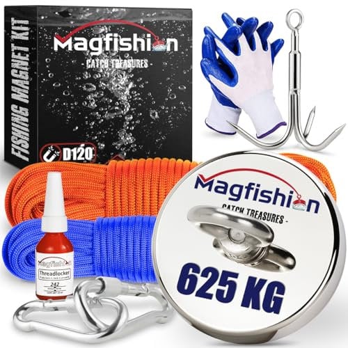 MAGFISHION Magnetfischen Set - 625 KG - Ø120mm - Neodym Magnet mit 2 Seilen, Greifhaken, Handschuhe - Magnet Fischen Angel - Ösenmagnet - Fishing Magnetangel - Magnetangeln Set