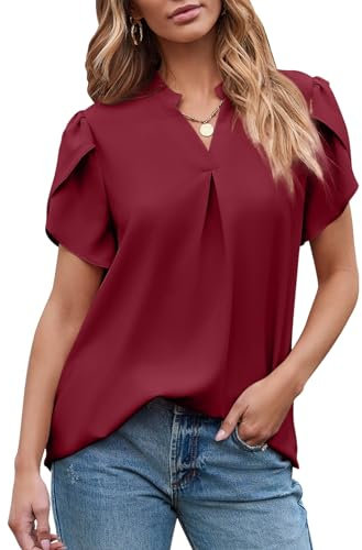 BLENCOT Blusen Damen Lässig Oberteil Damen Casual Blusenshirt Top Damen Blusentops Tshirt Damen Lang Bluse Elegant Tshirt Damen Blusen Modern Shirt,Burgunderrot,XL