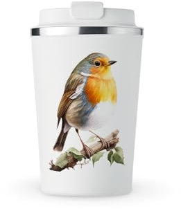 MAXIKIWI - Insulated Double Walled, Leakproof Stainless Steel Mug, Coffee or Tea Travel Tumbler with Lid, Keep Drinks Hot and Cold - American Robin Bird - 350ml